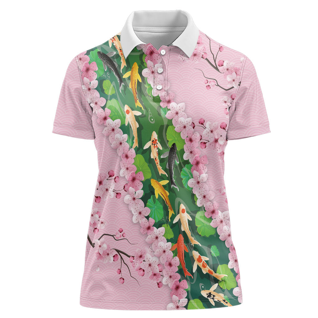 Koi Fish Sakura Japan Women Polo Shirt Eternal Flow Cherry Blossom Seigaiha Pattern