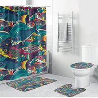 Japan Koinobori Bathroom Set Japanese Koi Flag Waves Pattern LT14 Bathroom Set (4 pcs) Blue - Polynesian Pride