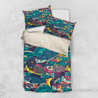 Japan Koinobori Bedding Set Japanese Koi Flag Waves Pattern LT14 US Twin 172cm x 218cm Blue - Polynesian Pride