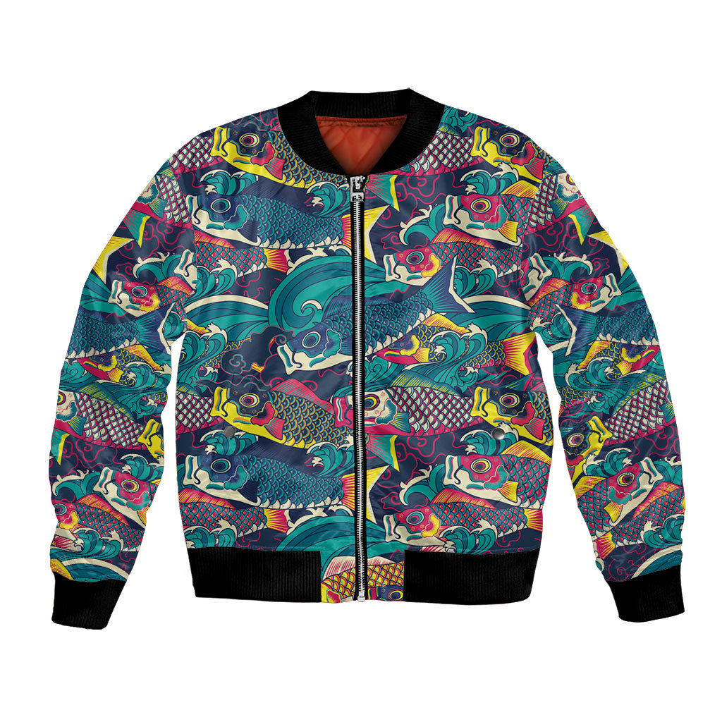 Japan Koinobori Bomber Jacket Japanese Koi Flag Waves Pattern LT14 Unisex Blue - Polynesian Pride