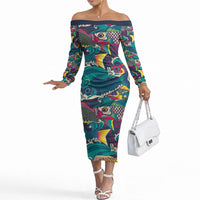 Japan Koinobori Off The Shoulder Long Sleeve Dress Japanese Koi Flag Waves Pattern