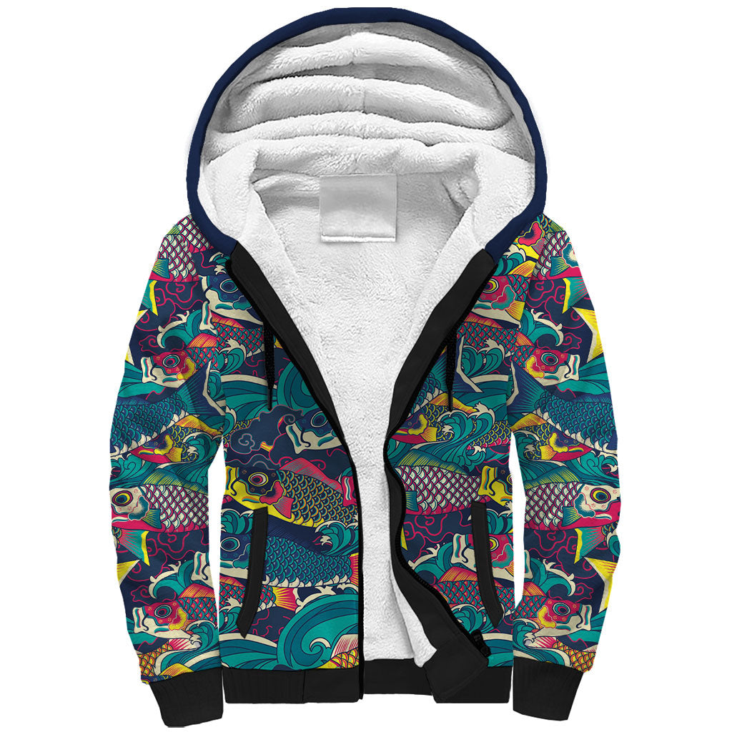 Japan Koinobori Sherpa Hoodie Japanese Koi Flag Waves Pattern