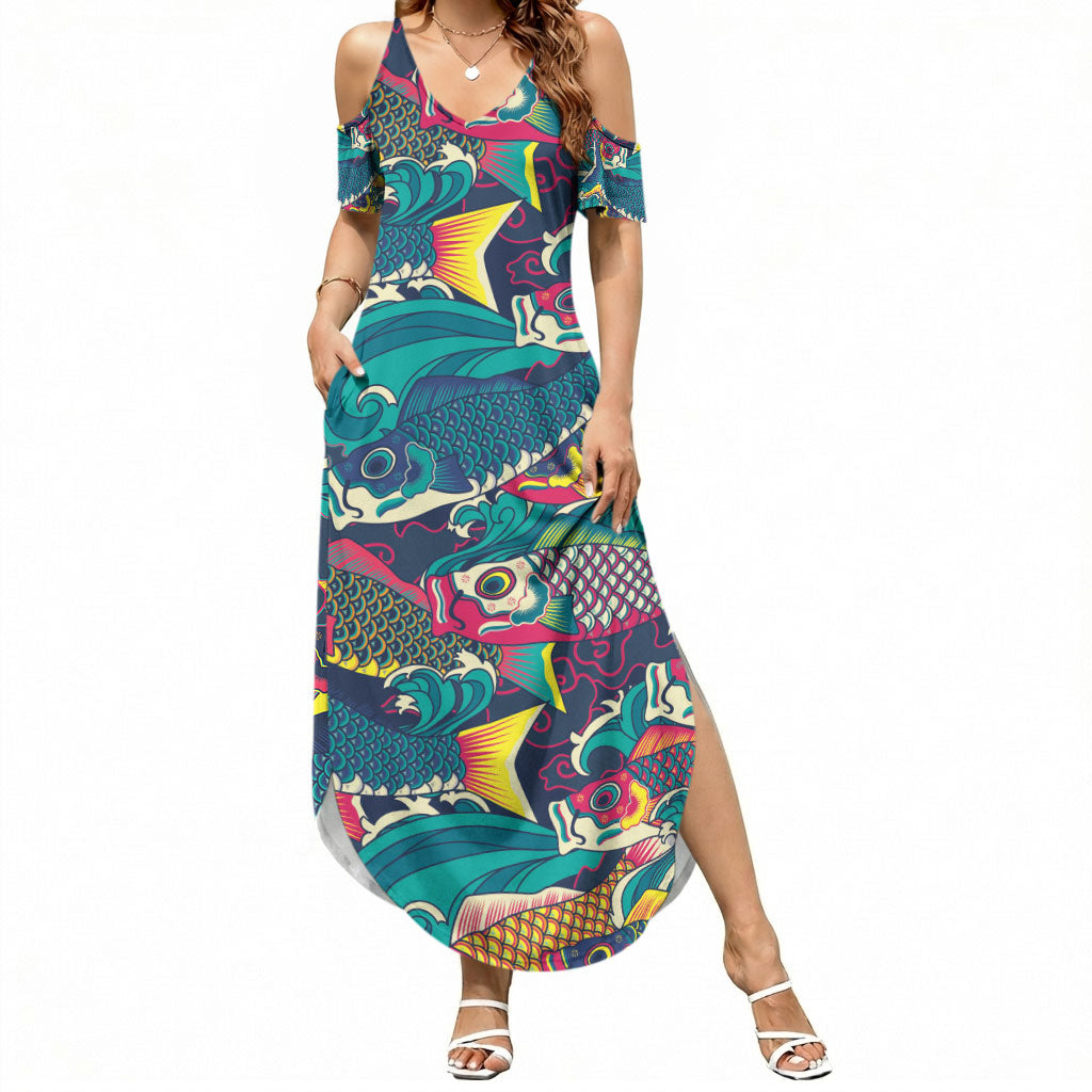 Japan Koinobori Summer Maxi Dress Japanese Koi Flag Waves Pattern