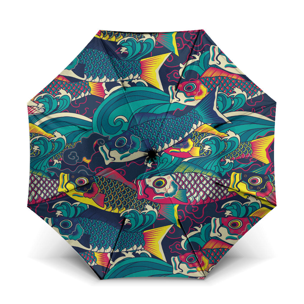 Japan Koinobori Umbrella Japanese Koi Flag Waves Pattern LT14 One Size Folded 11.42 inch Opened Diameter 37.4 inch Blue - Polynesian Pride