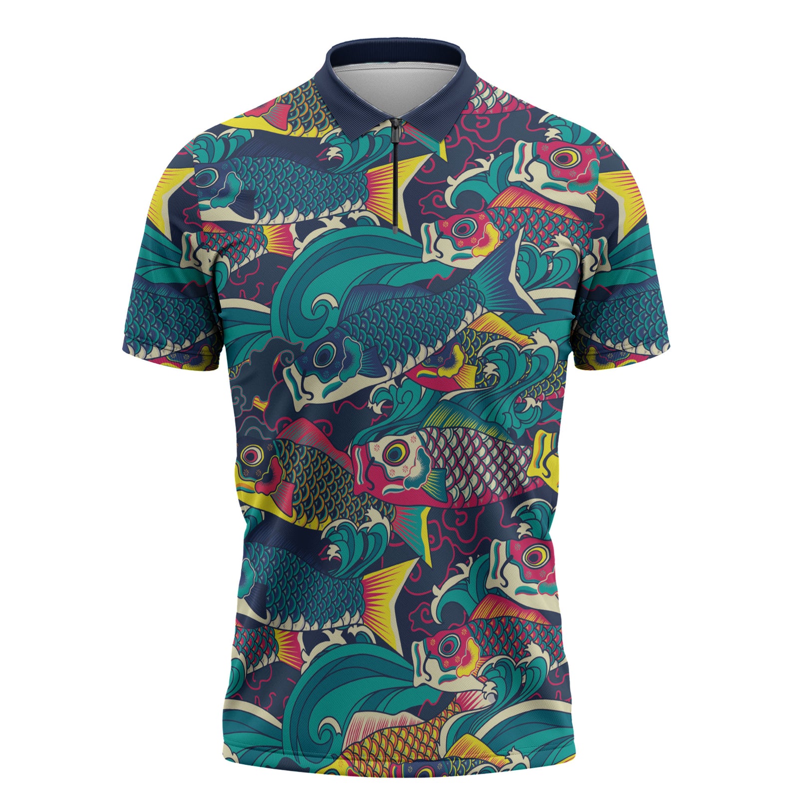 Japan Koinobori Zipper Polo Shirt Japanese Koi Flag Waves Pattern