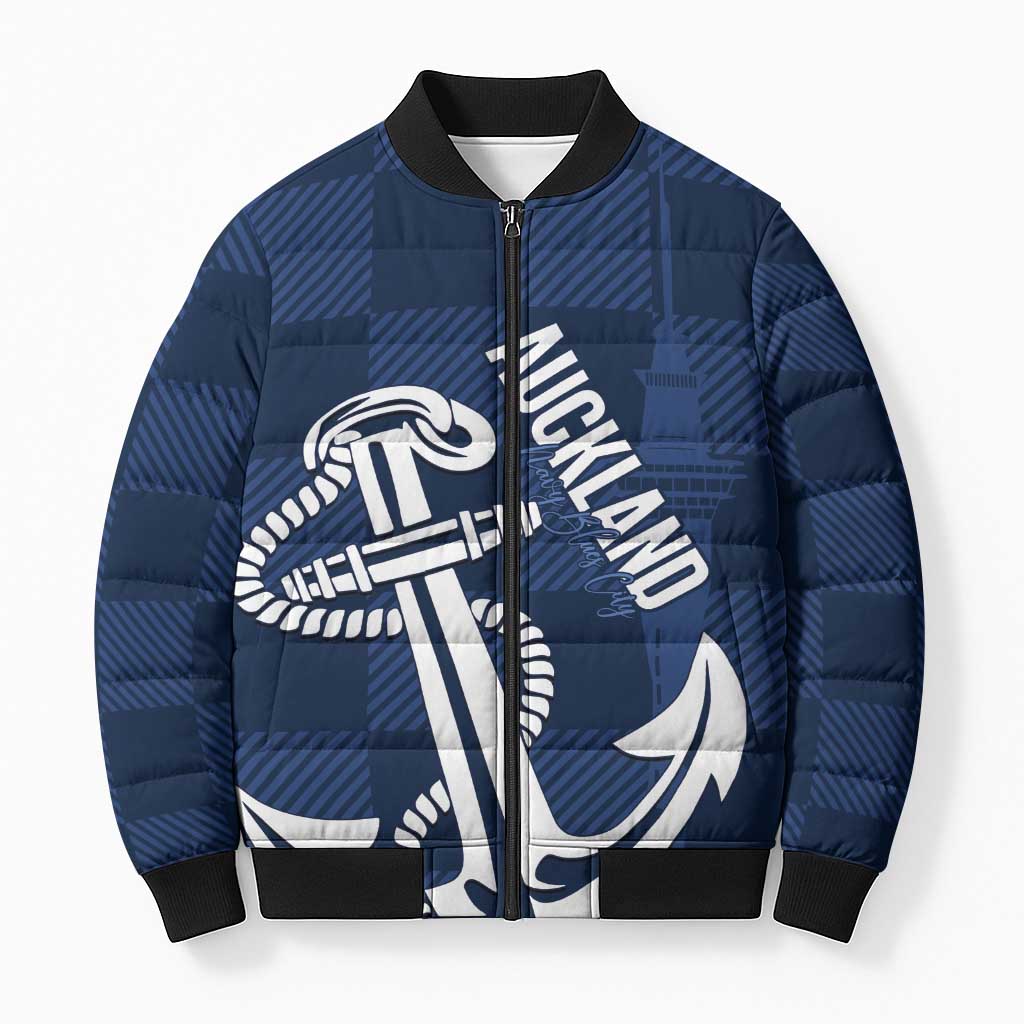 New Zealand Auckland Football Custom Bomber Puffer Jacket Navy Blue City Anchor Sky Tower Symbol LT14 Unisex Navy Blue - Polynesian Pride