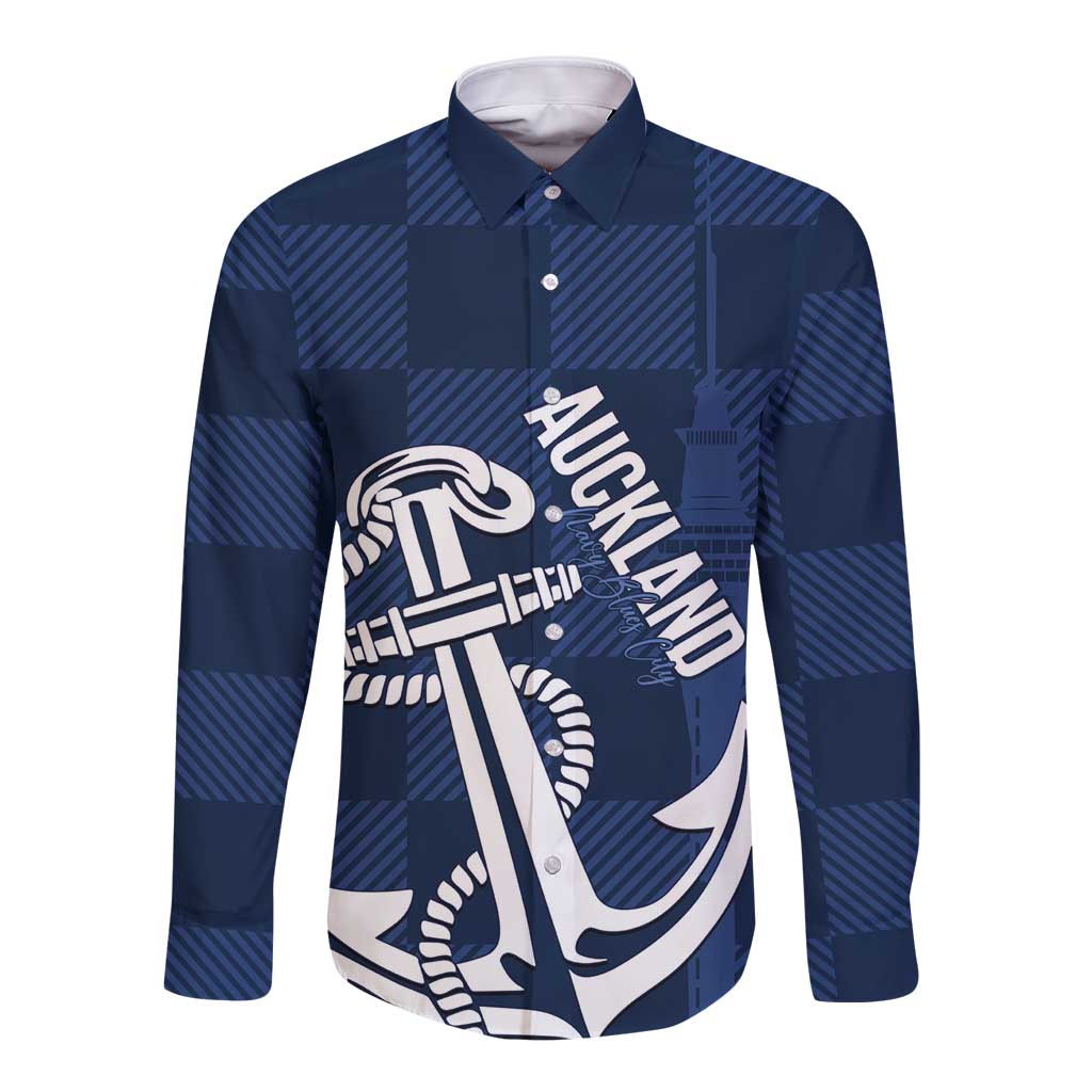 New Zealand Auckland Football Custom Long Sleeve Button Shirt Navy Blue City Anchor Sky Tower Symbol LT14 Unisex Navy Blue - Polynesian Pride