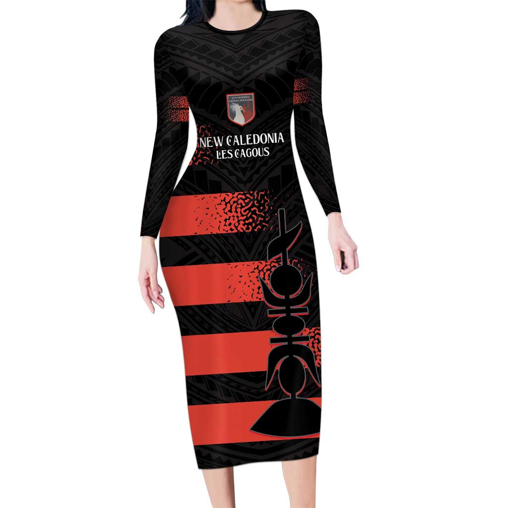 Custom New Caledonia Football Long Sleeve Bodycon Dress Allez Les Cagous Polynesian Pattern LT14 Long Dress Black - Polynesian Pride