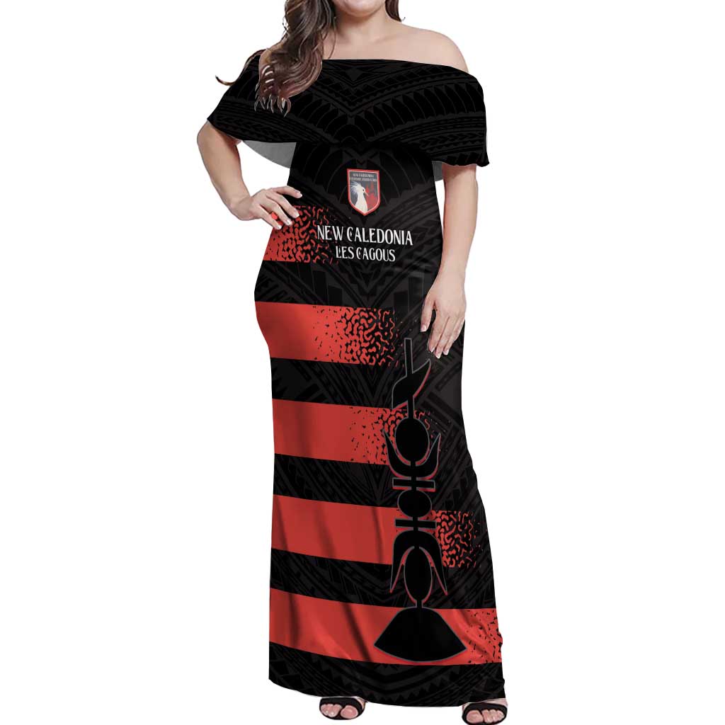 Custom New Caledonia Football Off Shoulder Maxi Dress Allez Les Cagous Polynesian Pattern LT14 Women Black - Polynesian Pride