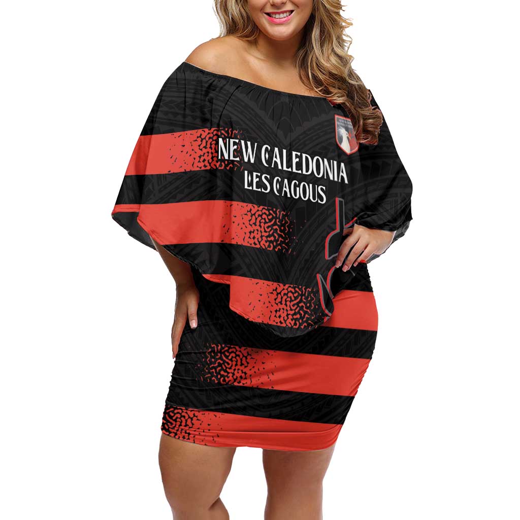 Custom New Caledonia Football Off Shoulder Short Dress Allez Les Cagous Polynesian Pattern LT14 Women Black - Polynesian Pride