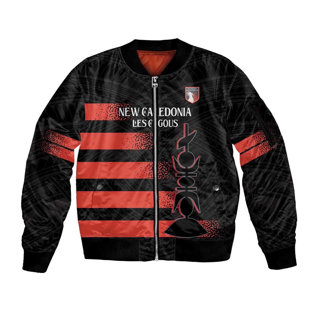 Custom New Caledonia Football Sleeve Zip Bomber Jacket Allez Les Cagous Polynesian Pattern LT14 Unisex Black - Polynesian Pride