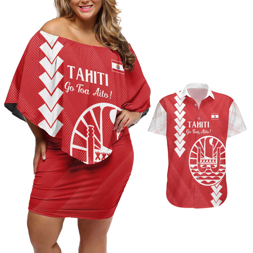 Custom Tahiti Football Couples Matching Off Shoulder Short Dress and Hawaiian Shirt Go Toa Aito