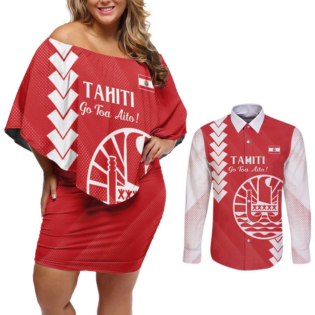 Custom Tahiti Football Couples Matching Off Shoulder Short Dress and Long Sleeve Button Shirt Go Toa Aito