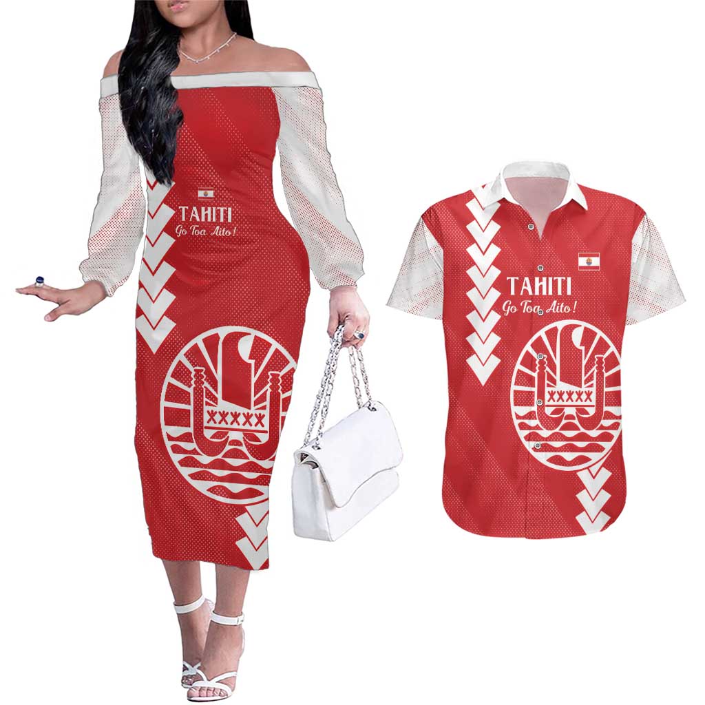 Custom Tahiti Football Couples Matching Off The Shoulder Long Sleeve Dress and Hawaiian Shirt Go Toa Aito