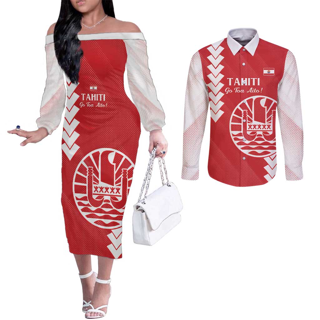 Custom Tahiti Football Couples Matching Off The Shoulder Long Sleeve Dress and Long Sleeve Button Shirt Go Toa Aito