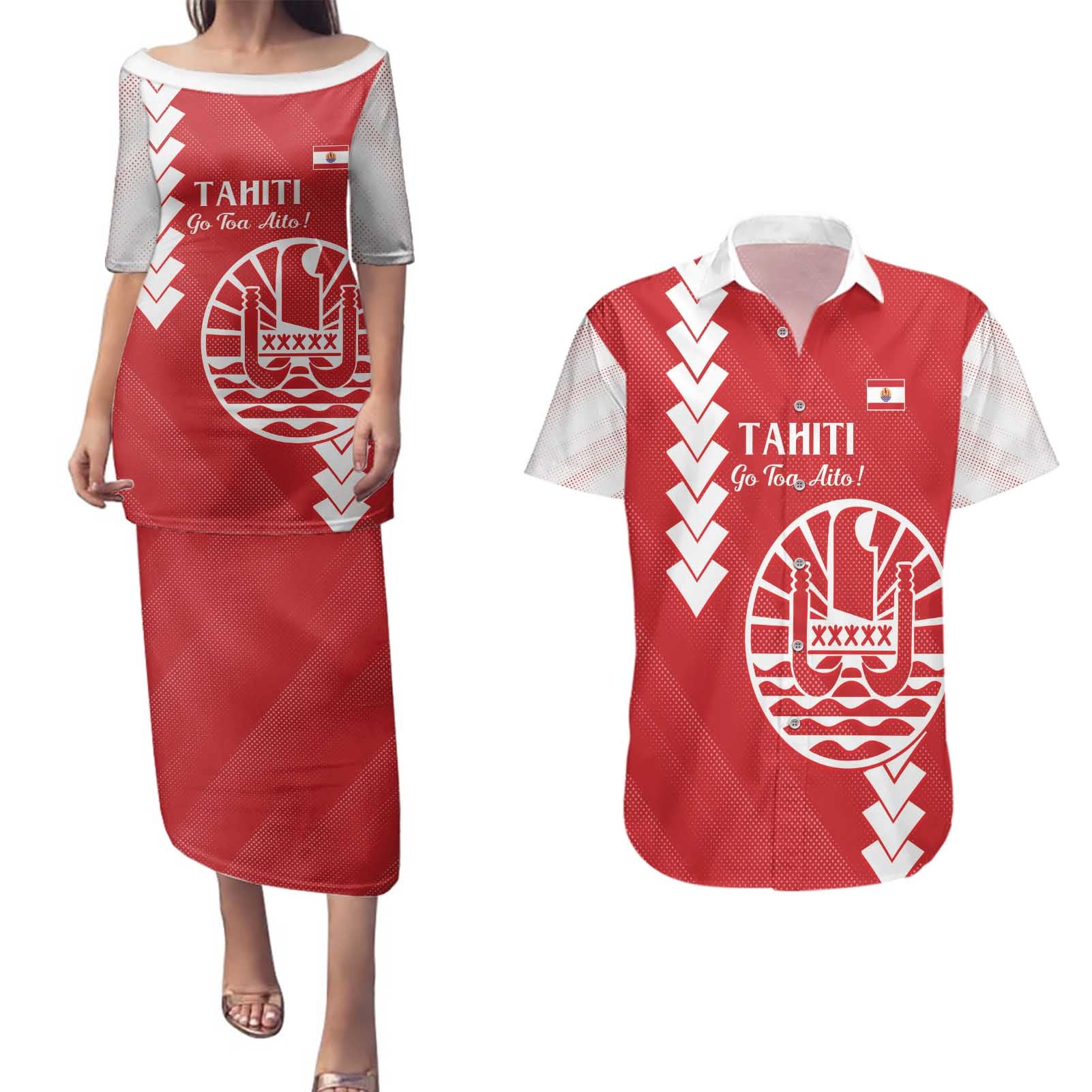 Custom Tahiti Football Couples Matching Puletasi and Hawaiian Shirt Go Toa Aito