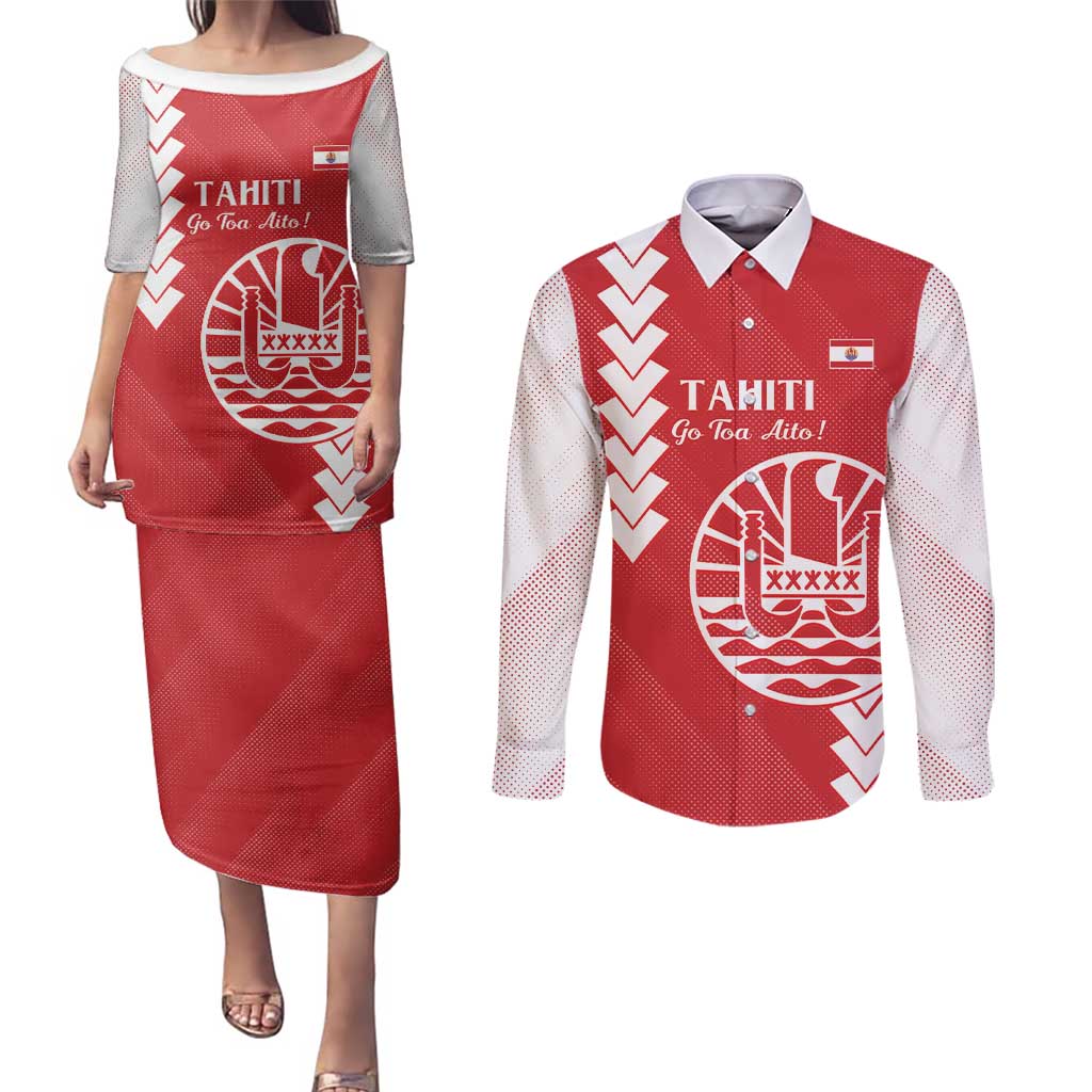 Custom Tahiti Football Couples Matching Puletasi and Long Sleeve Button Shirt Go Toa Aito