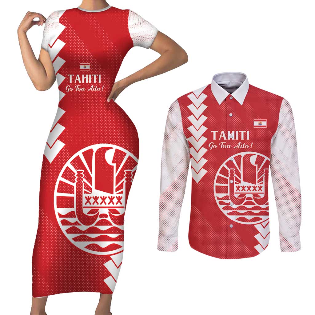 Custom Tahiti Football Couples Matching Short Sleeve Bodycon Dress and Long Sleeve Button Shirt Go Toa Aito