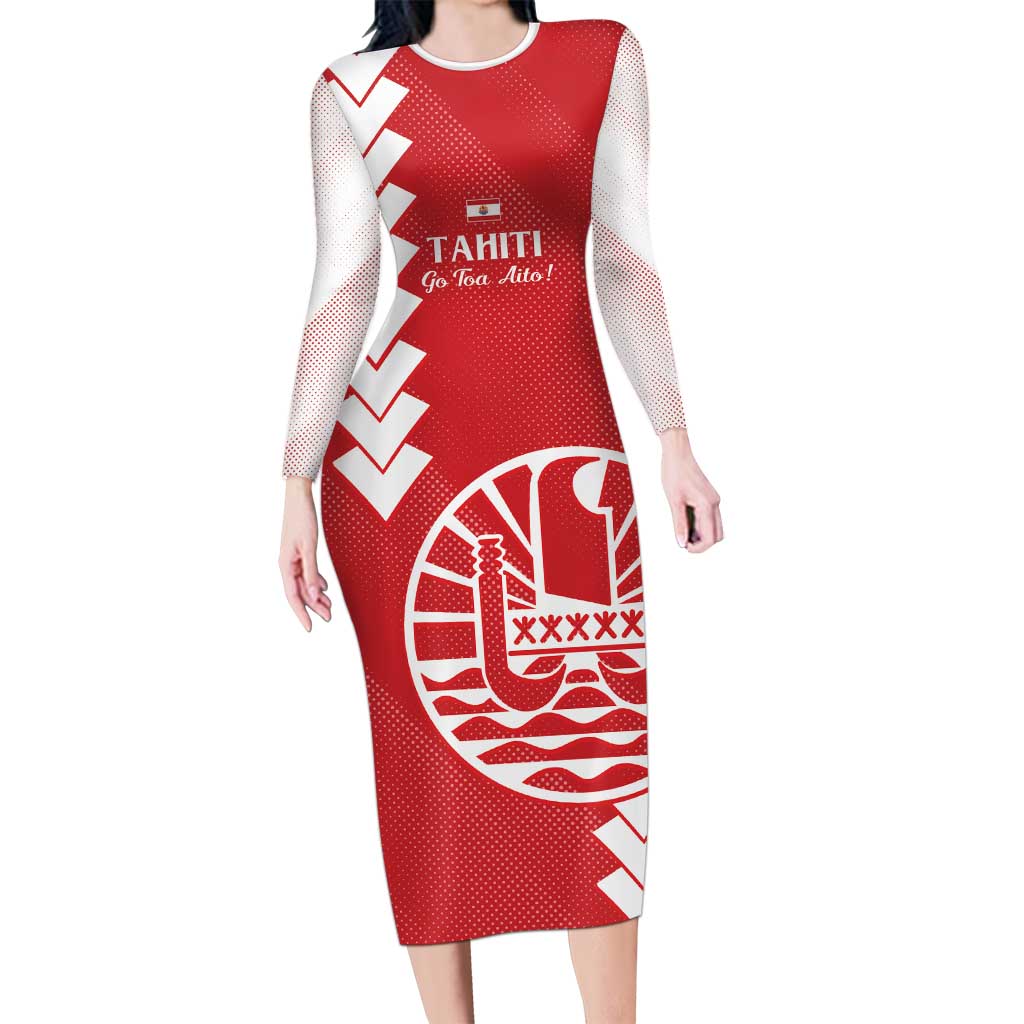 Custom Tahiti Football Long Sleeve Bodycon Dress Go Toa Aito LT14 Long Dress Red - Polynesian Pride