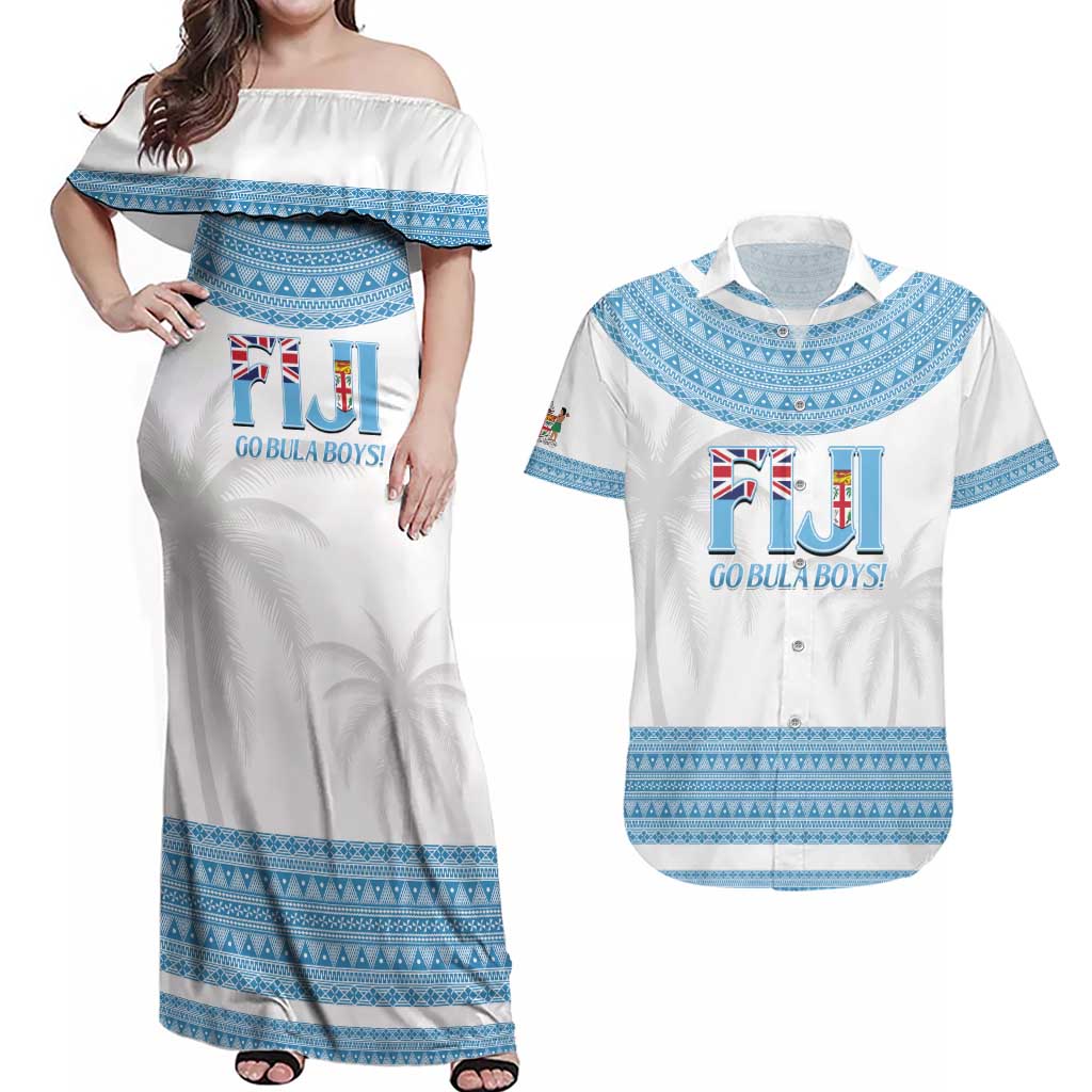 Custom Fiji Tapa Football Couples Matching Off Shoulder Maxi Dress and Hawaiian Shirt Go Bula Boy!