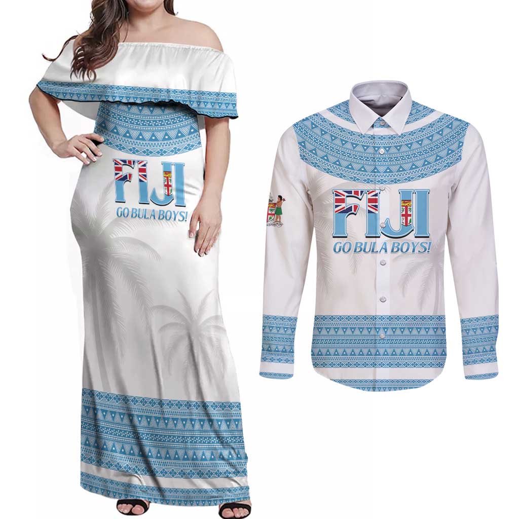 Custom Fiji Tapa Football Couples Matching Off Shoulder Maxi Dress and Long Sleeve Button Shirt Go Bula Boy!