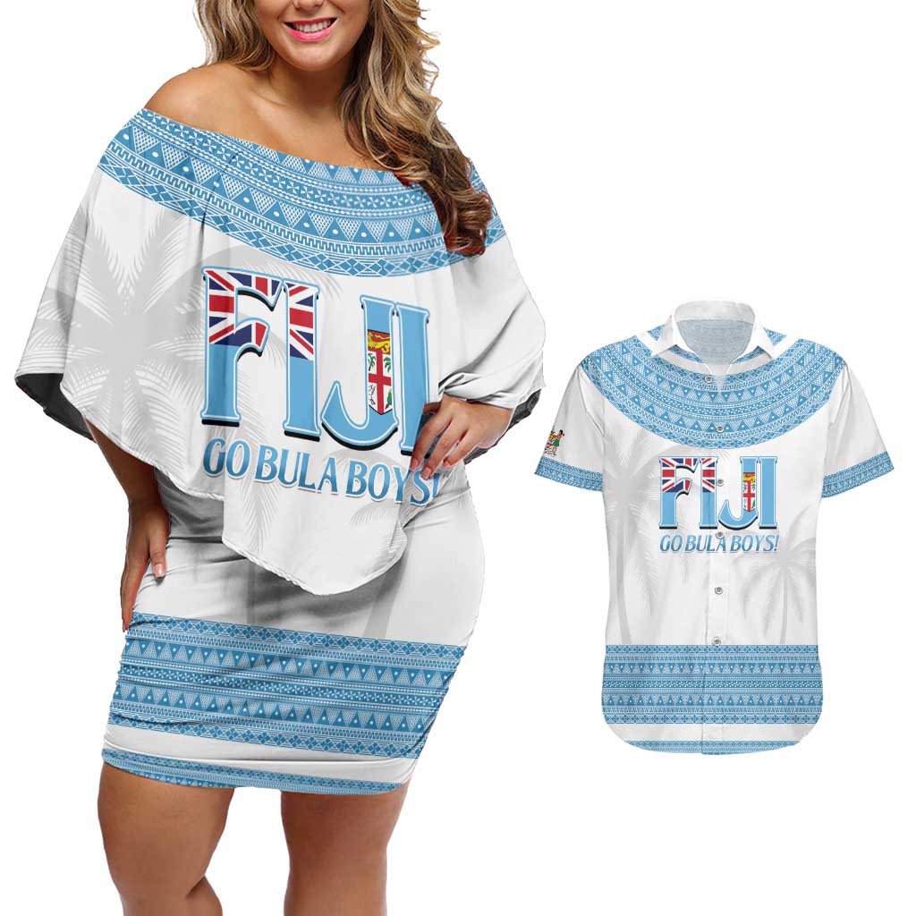 Custom Fiji Tapa Football Couples Matching Off Shoulder Short Dress and Hawaiian Shirt Go Bula Boy!