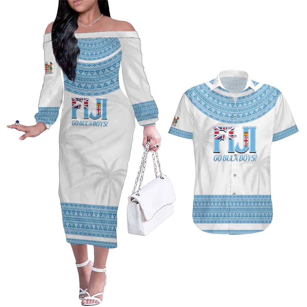 Custom Fiji Tapa Football Couples Matching Off The Shoulder Long Sleeve Dress and Hawaiian Shirt Go Bula Boy!