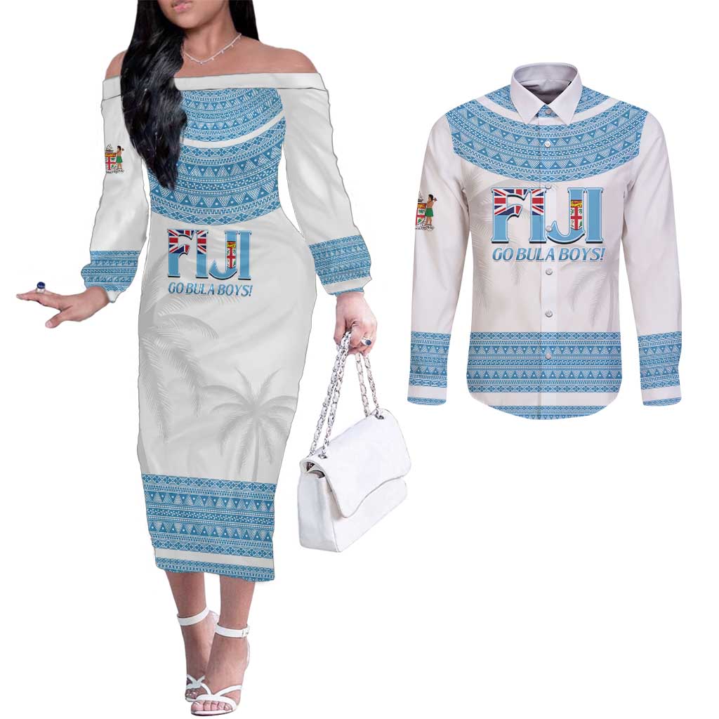 Custom Fiji Tapa Football Couples Matching Off The Shoulder Long Sleeve Dress and Long Sleeve Button Shirt Go Bula Boy!