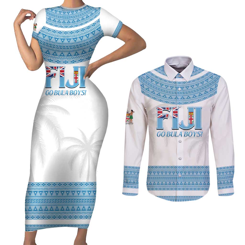 Custom Fiji Tapa Football Couples Matching Short Sleeve Bodycon Dress and Long Sleeve Button Shirt Go Bula Boy!