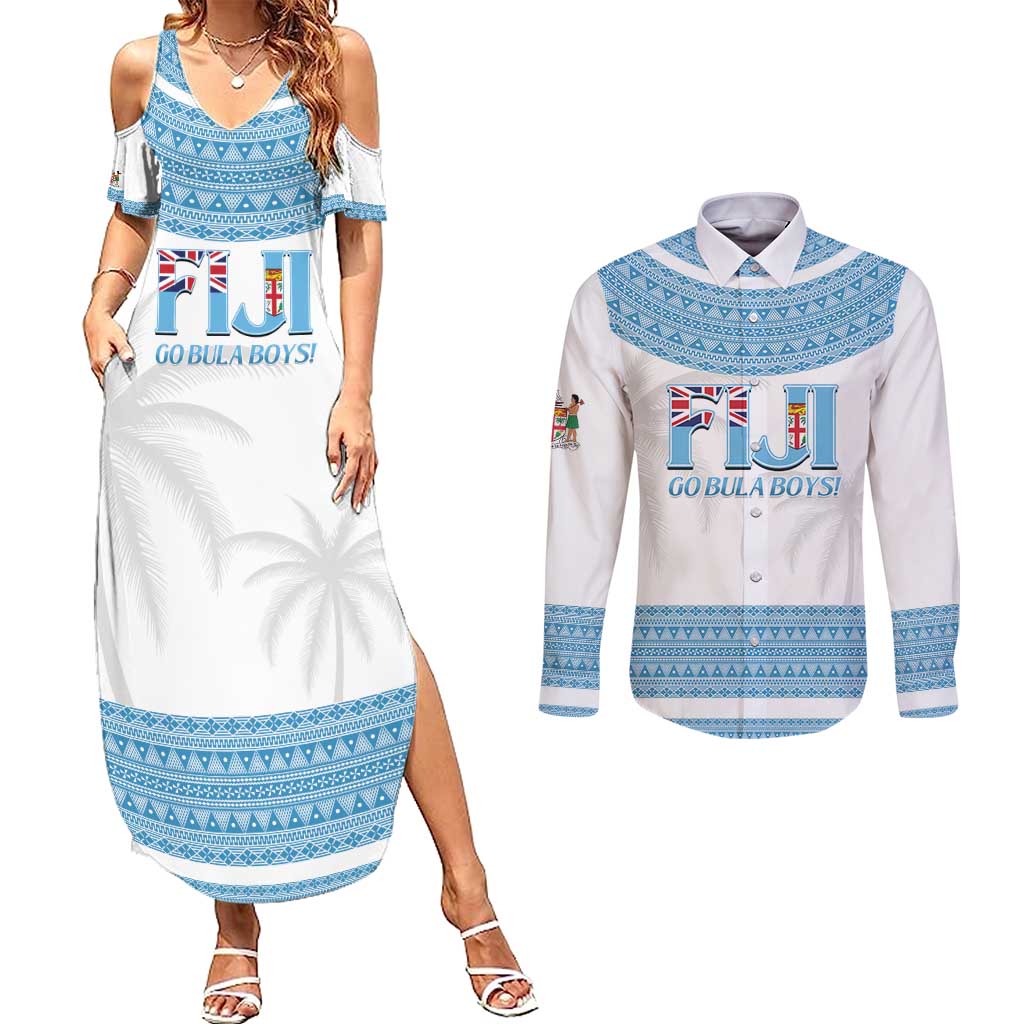 Custom Fiji Tapa Football Couples Matching Summer Maxi Dress and Long Sleeve Button Shirt Go Bula Boy!