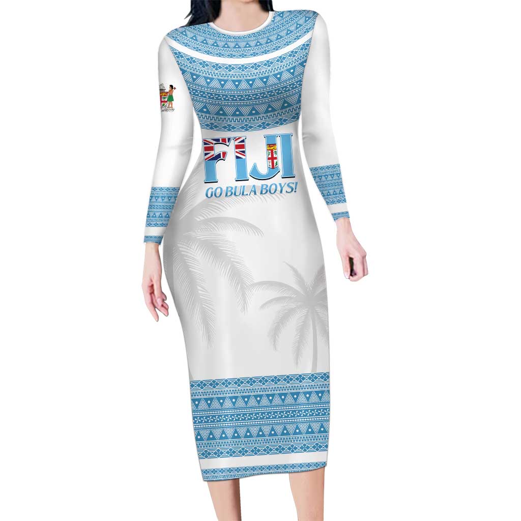 Custom Fiji Tapa Football Long Sleeve Bodycon Dress Go Bula Boy! LT14 Long Dress White - Polynesian Pride