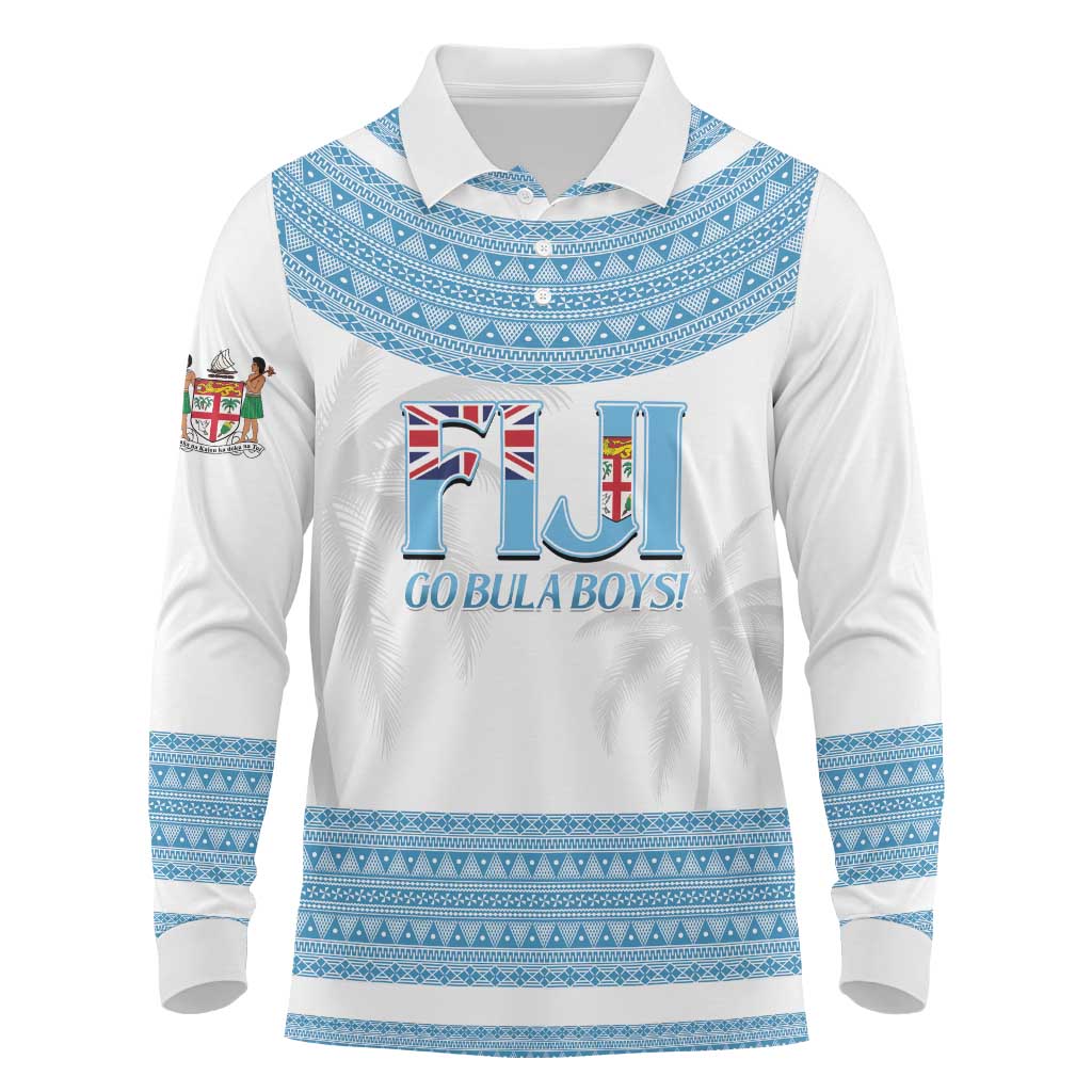 Custom Fiji Tapa Football Long Sleeve Polo Shirt Go Bula Boy! LT14 White - Polynesian Pride