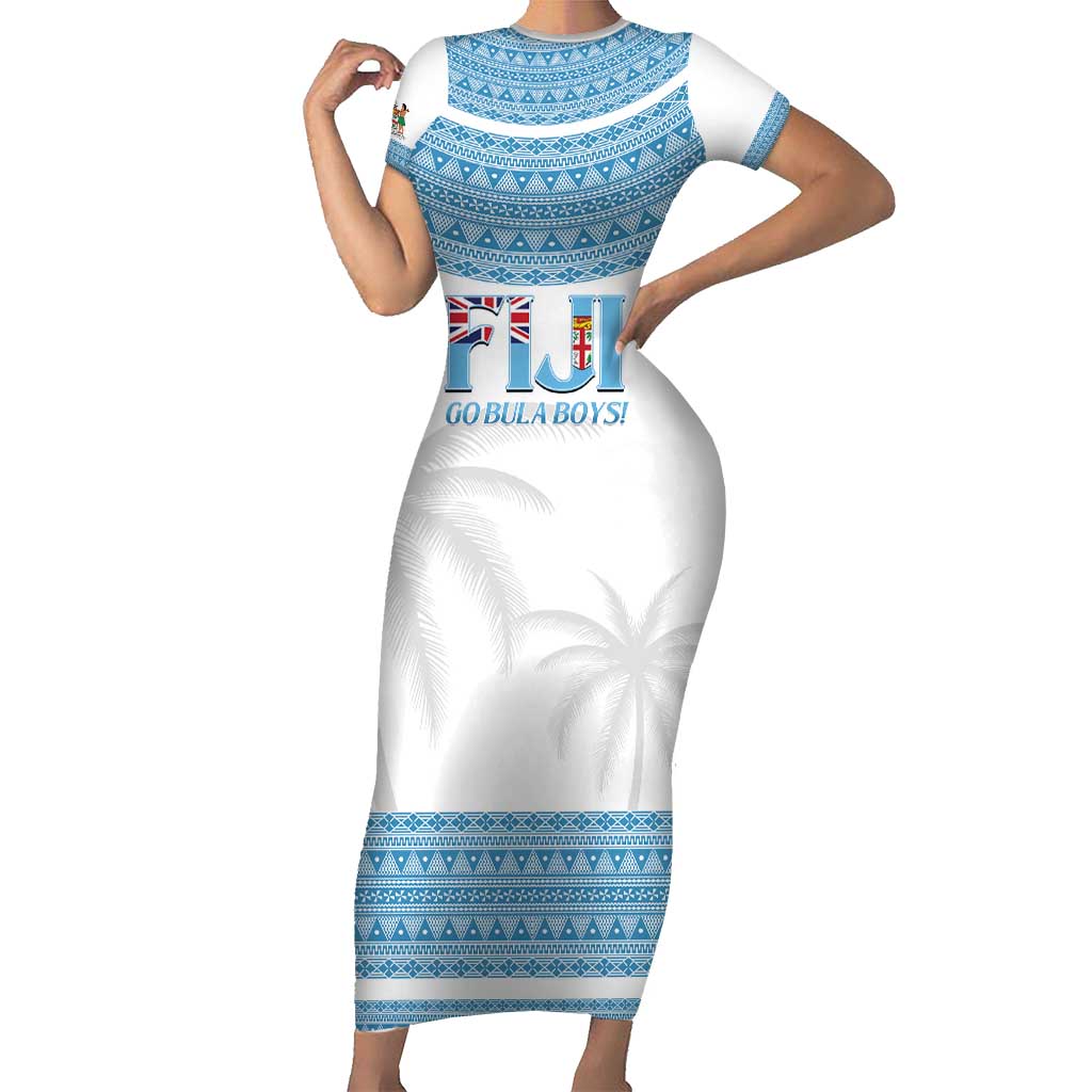 Custom Fiji Tapa Football Short Sleeve Bodycon Dress Go Bula Boy! LT14 Long Dress White - Polynesian Pride