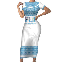 Custom Fiji Tapa Football Short Sleeve Bodycon Dress Go Bula Boy! LT14 Long Dress White - Polynesian Pride