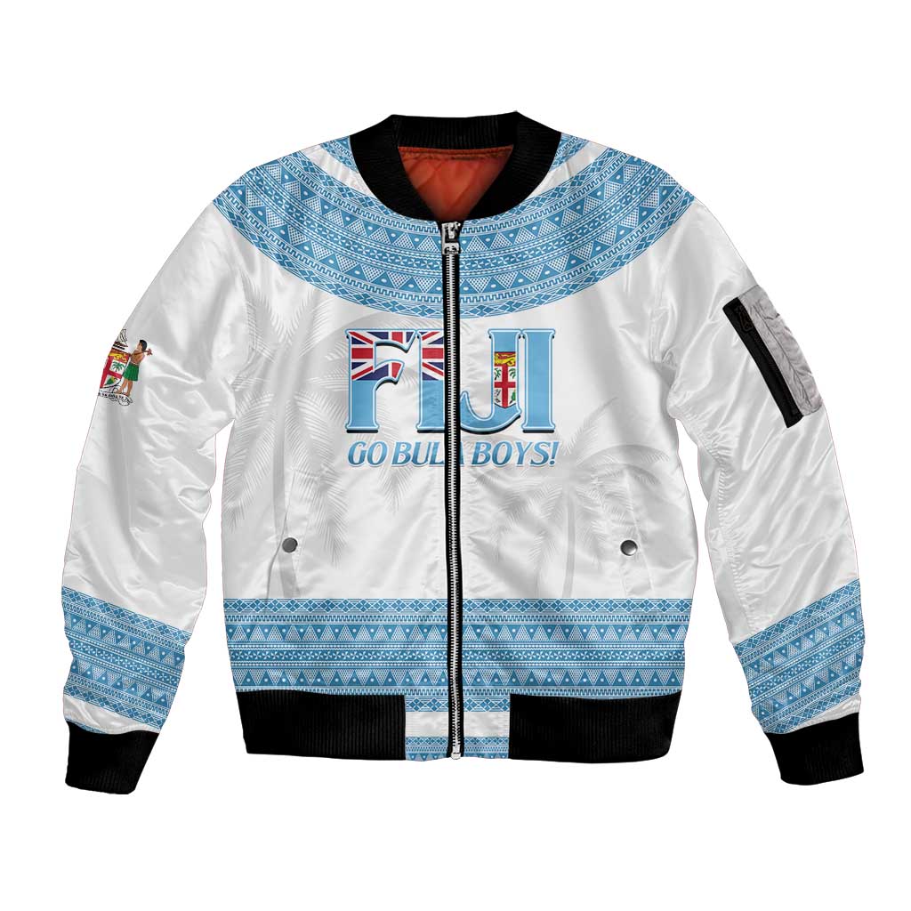 Custom Fiji Tapa Football Sleeve Zip Bomber Jacket Go Bula Boy! LT14 Unisex White - Polynesian Pride