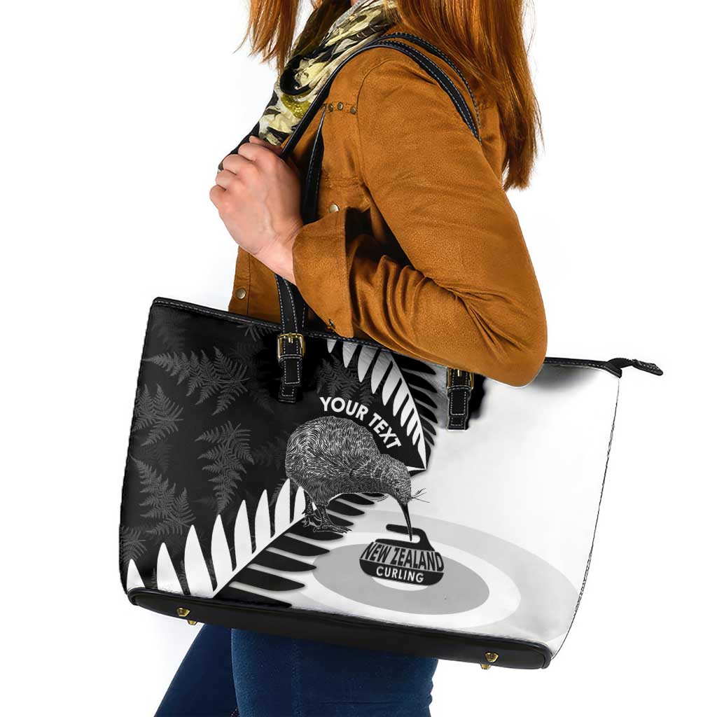 New Zealand Silver Fern Curling Personalised Leather Tote Bag Aotearoa Kiwi Ponga Black White Version LT14 Black - Polynesian Pride