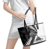 New Zealand Silver Fern Curling Personalised Leather Tote Bag Aotearoa Kiwi Ponga Black White Version LT14 - Polynesian Pride