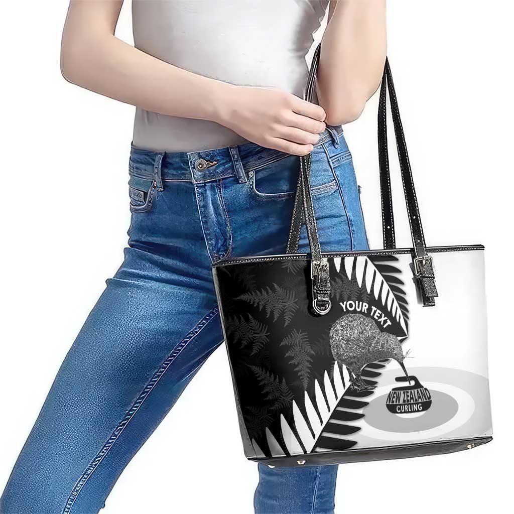 New Zealand Silver Fern Curling Personalised Leather Tote Bag Aotearoa Kiwi Ponga Black White Version LT14 - Polynesian Pride