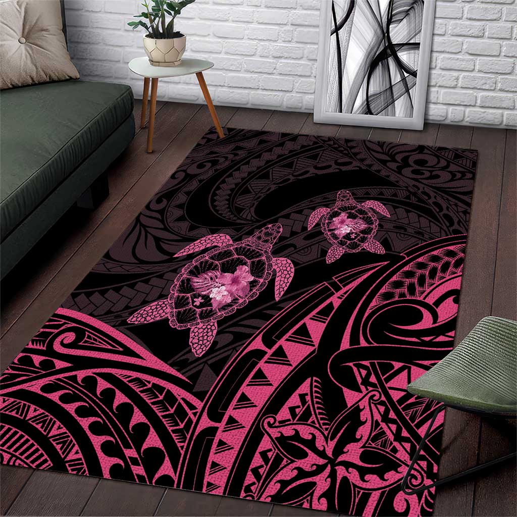 Pink Black Polynesia Floral Sea Turtle Area Rug LT14 Black - Polynesian Pride