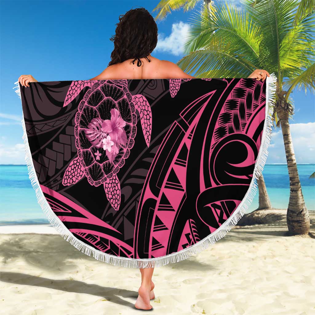 Pink Black Polynesia Floral Sea Turtle Beach Blanket LT14 - Polynesian Pride