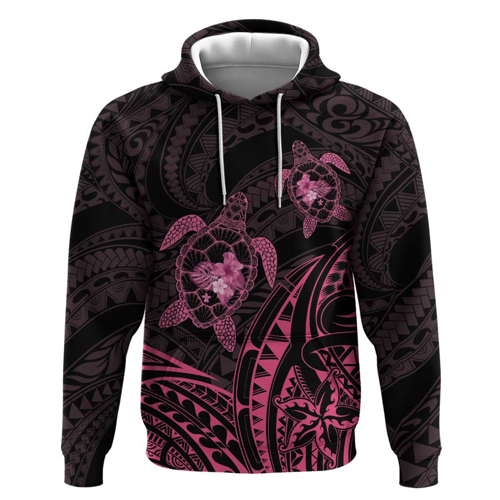 Pink Black Polynesia Floral Sea Turtle Hoodie - Polynesian Tribal Pattern LT14 Pullover Hoodie Black - Polynesian Pride