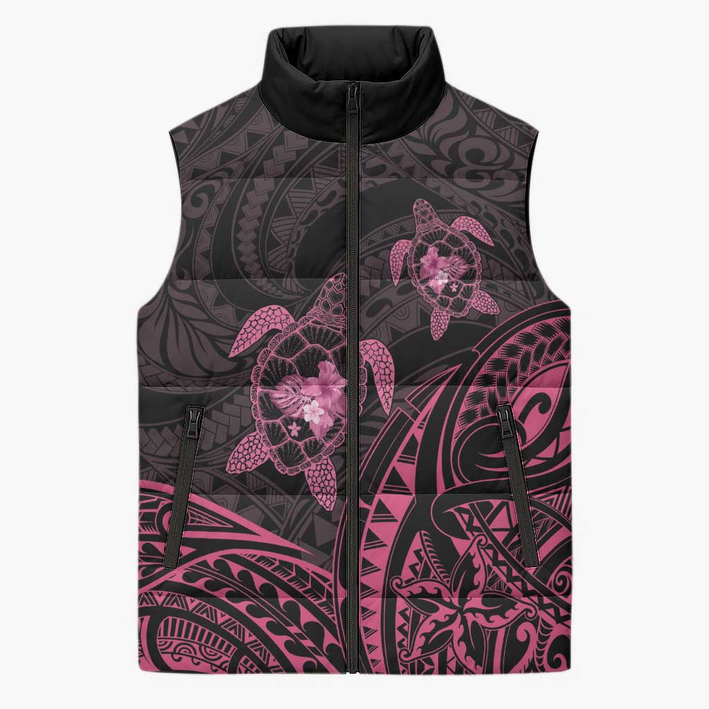 Pink Black Polynesia Floral Sea Turtle Sleeveless Puffer Jacket LT14 Unisex Black - Polynesian Pride
