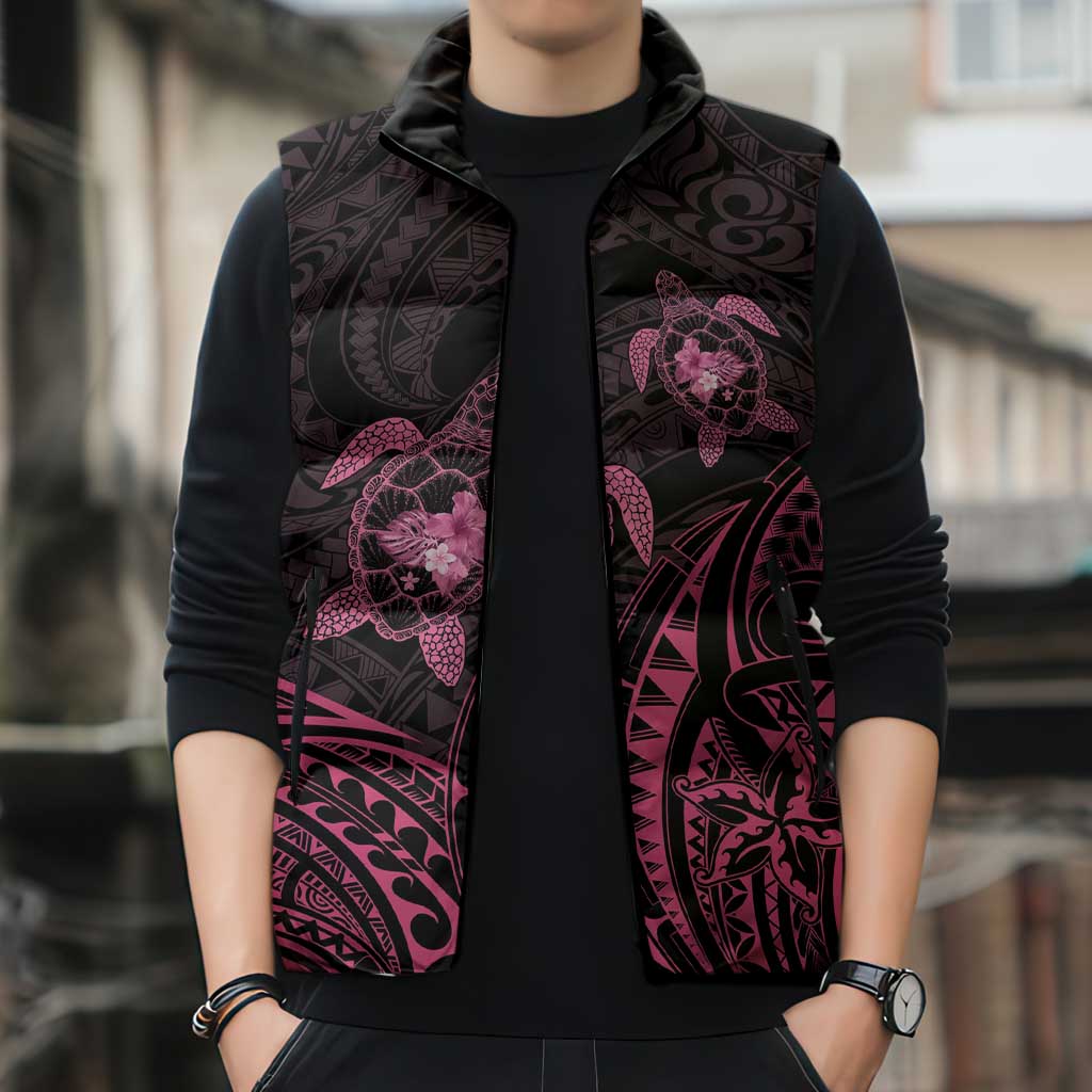 Pink Black Polynesia Floral Sea Turtle Sleeveless Puffer Jacket LT14 - Polynesian Pride