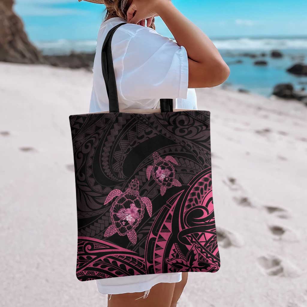 Pink Black Polynesia Floral Sea Turtle Tote Bag LT14 - Polynesian Pride