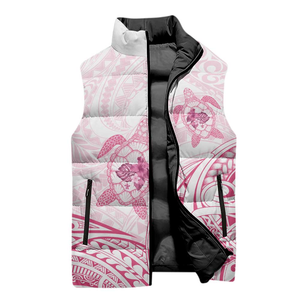 Pink White Polynesia Floral Sea Turtle Sleeveless Puffer Jacket LT14 - Polynesian Pride