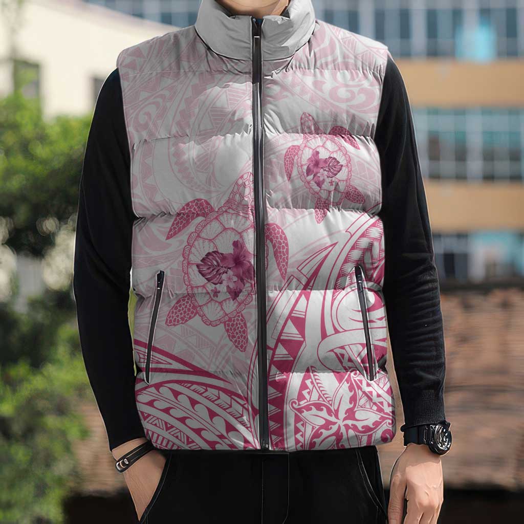 Pink White Polynesia Floral Sea Turtle Sleeveless Puffer Jacket LT14 - Polynesian Pride