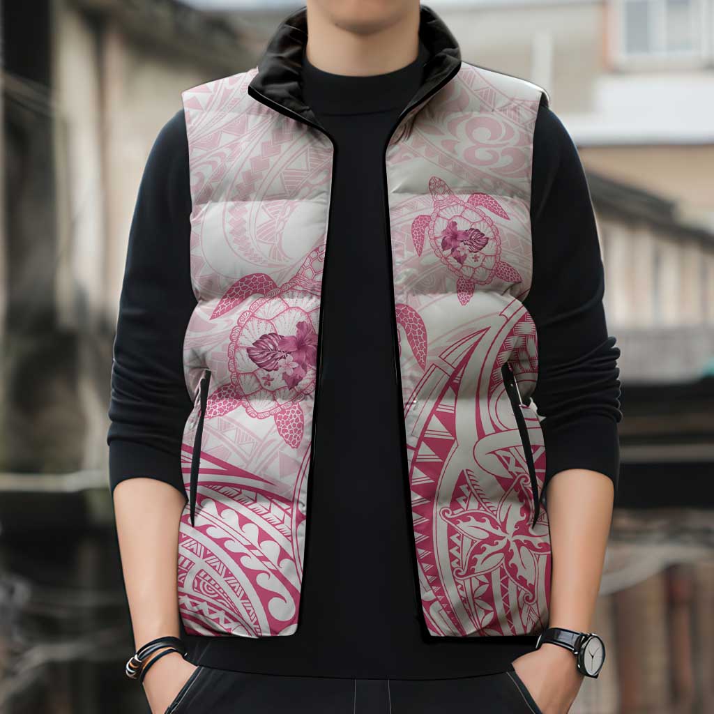 Pink White Polynesia Floral Sea Turtle Sleeveless Puffer Jacket LT14 - Polynesian Pride