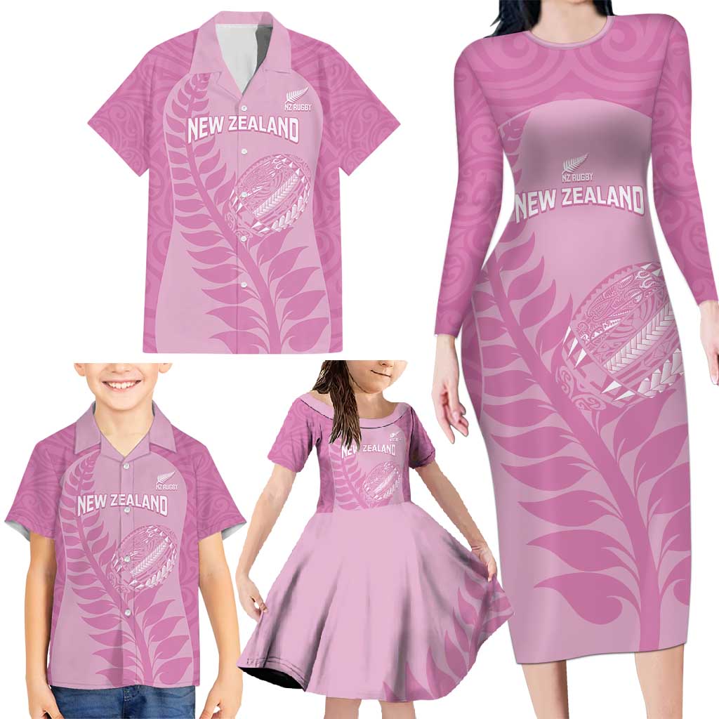 Custom New Zealand Silver Fern Rugby 2025 Family Matching Long Sleeve Bodycon Dress and Hawaiian Shirt All Black Aotearoa Maori Pink