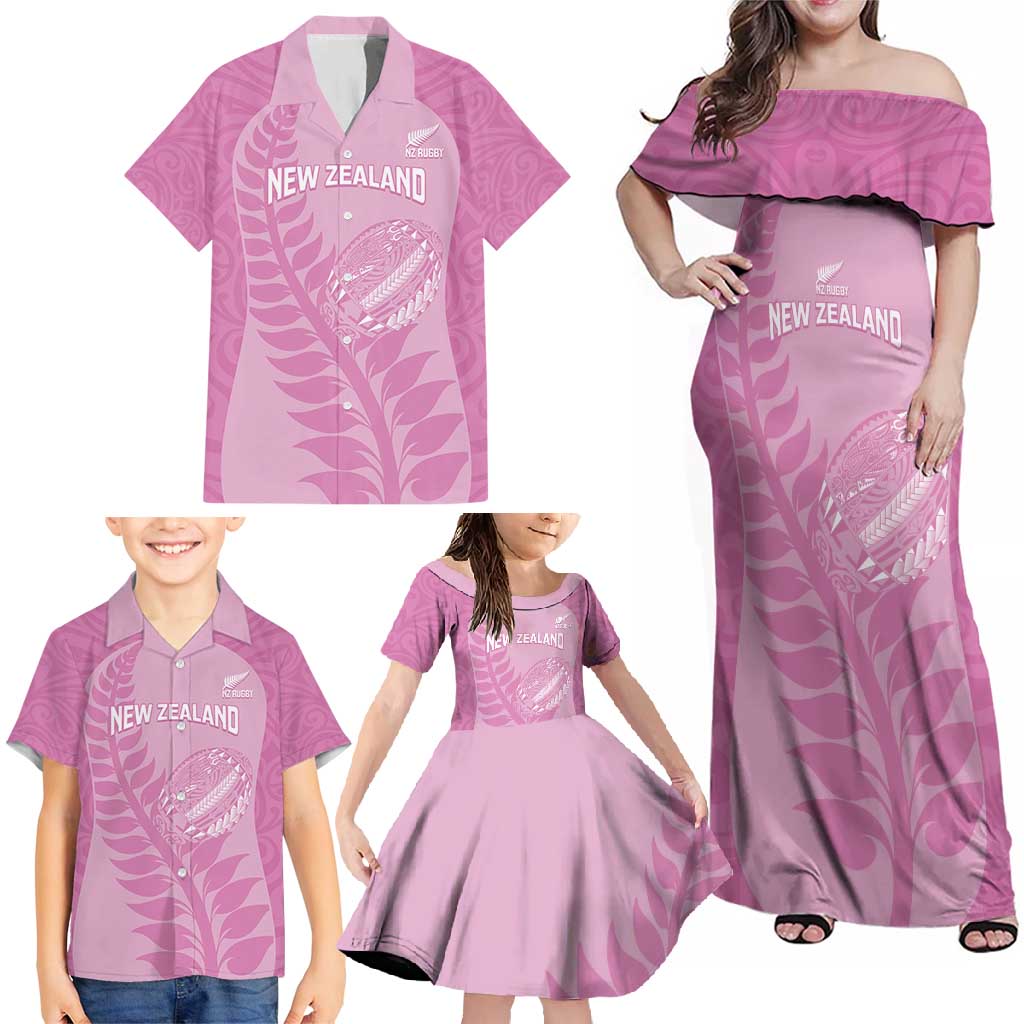 Custom New Zealand Silver Fern Rugby 2025 Family Matching Off Shoulder Maxi Dress and Hawaiian Shirt All Black Aotearoa Maori Pink