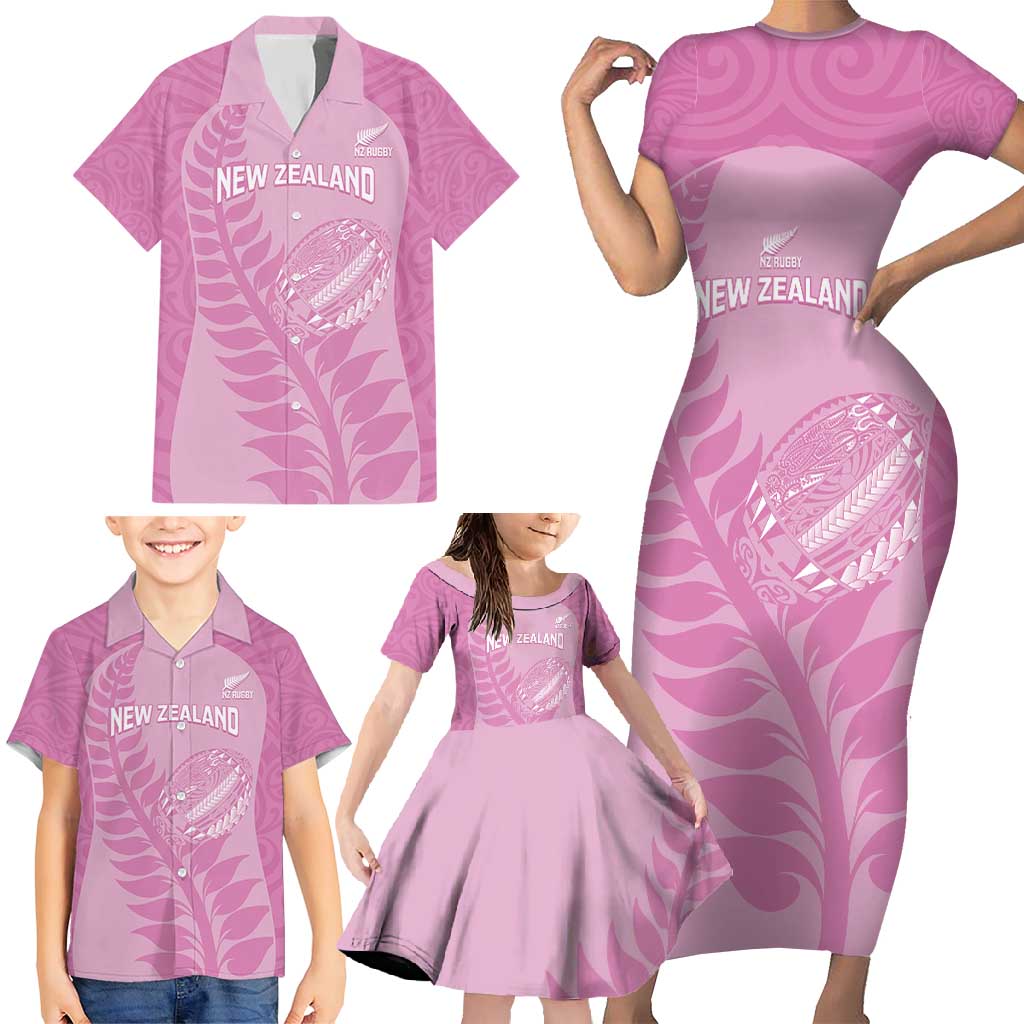 Custom New Zealand Silver Fern Rugby 2025 Family Matching Short Sleeve Bodycon Dress and Hawaiian Shirt All Black Aotearoa Maori Pink